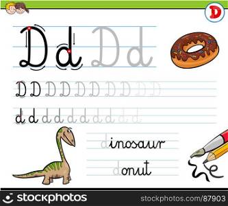 Cartoon Illustration of Writing Skills Practice with Letter D Worksheet for Preschool and Elementary Age Children