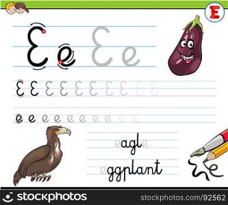 Cartoon Illustration of Writing Skills Practice with Letter E Worksheet for Preschool and Elementary Age Children