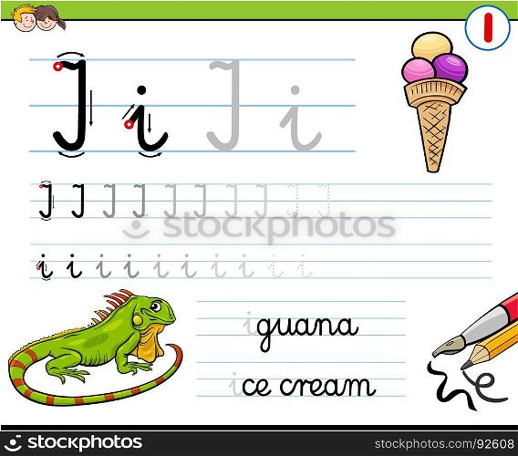 Cartoon Illustration of Writing Skills Practice with Letter I Worksheet for Preschool and Elementary Age Children
