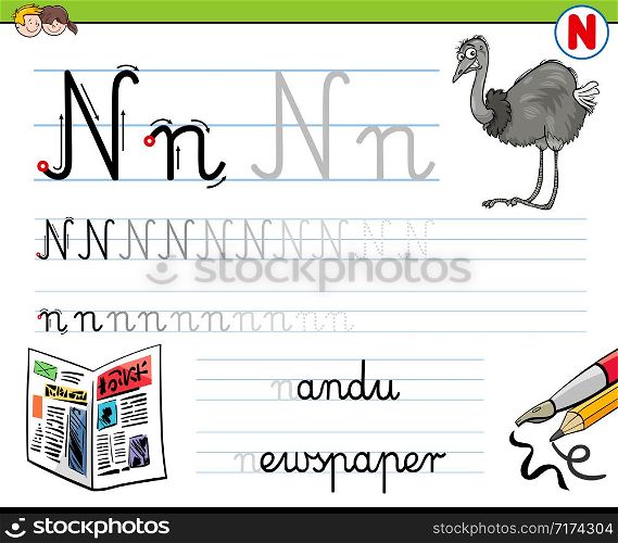 Cartoon Illustration of Writing Skills Practice with Letter N for Preschool and Elementary Age Children
