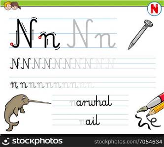 Cartoon Illustration of Writing Skills Practice with Letter N Worksheet for Preschool and Elementary Age Children