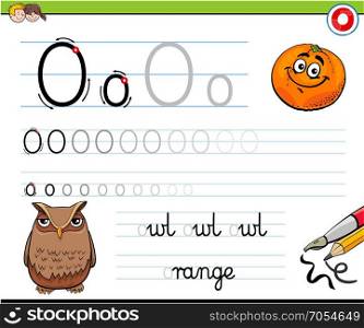 Cartoon Illustration of Writing Skills Practice with Letter O Worksheet for Preschool and Elementary Age Children