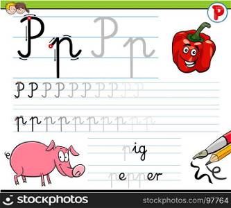 Cartoon Illustration of Writing Skills Practice with Letter P Worksheet for Preschool and Elementary Age Children