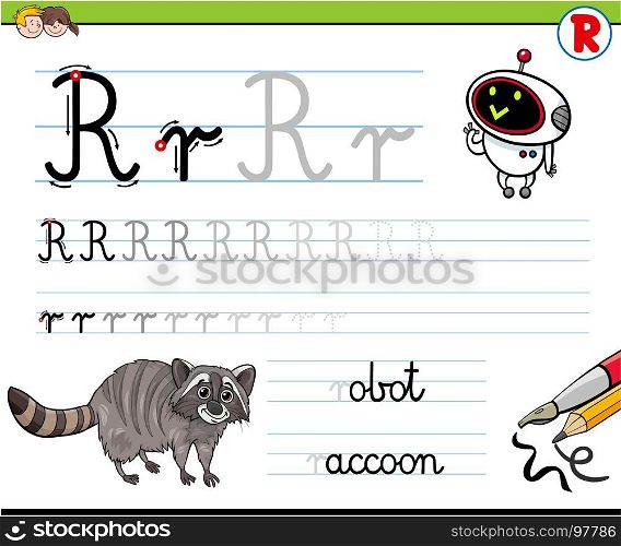 Cartoon Illustration of Writing Skills Practice with Letter R Worksheet for Preschool and Elementary Age Children