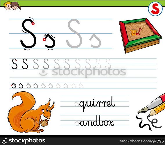 Cartoon Illustration of Writing Skills Practice with Letter S Worksheet for Preschool and Elementary Age Children