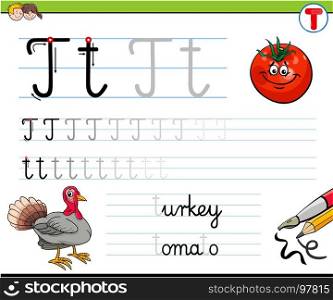 Cartoon Illustration of Writing Skills Practice with Letter T Worksheet for Preschool and Elementary Age Children