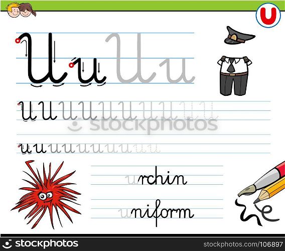Cartoon Illustration of Writing Skills Practice with Letter U Worksheet for Preschool and Elementary Age Children