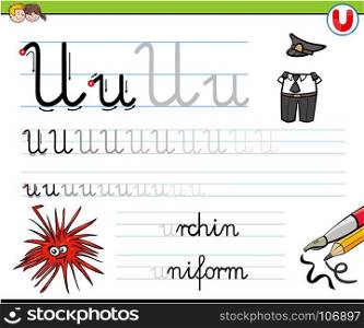 Cartoon Illustration of Writing Skills Practice with Letter U Worksheet for Preschool and Elementary Age Children