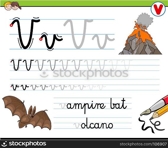 Cartoon Illustration of Writing Skills Practice with Letter V Worksheet for Preschool and Elementary Age Children