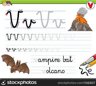 Cartoon Illustration of Writing Skills Practice with Letter V Worksheet for Preschool and Elementary Age Children