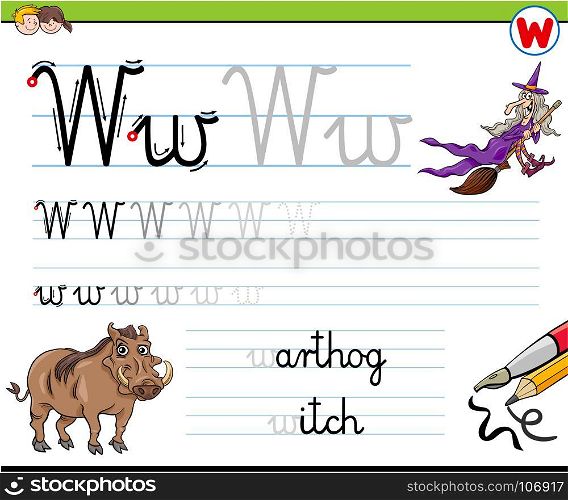 Cartoon Illustration of Writing Skills Practice with Letter W Worksheet for Preschool and Elementary Age Children