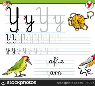 Cartoon Illustration of Writing Skills Practice with Letter Y Worksheet for Preschool and Elementary Age Children