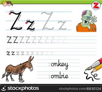 Cartoon Illustration of Writing Skills Practice with Letter Z Worksheet for Preschool and Elementary Age Children