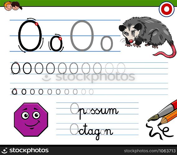 Cartoon Illustration of Writing Skills Practice Worksheet with Letter O for Preschool and Elementary Age Children