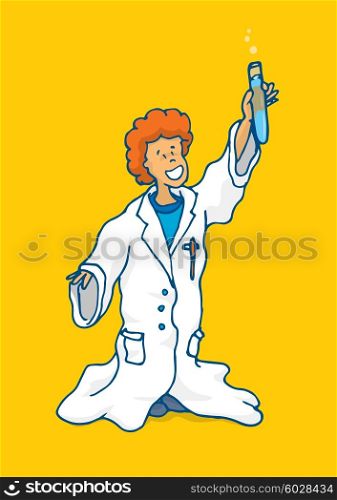 Cartoon illustration of young boy playing with science lab coat and with test tube
