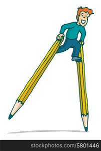 Cartoon illustration of young kid going back to school on pencil stilts