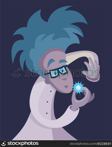 Cartoon illustration of young mad scientist staring at glowing sphere
