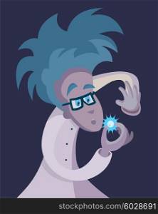 Cartoon illustration of young mad scientist staring at glowing sphere