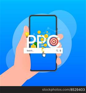 Cartoon illustration on blue backdrop. Abstract ppc for marketing advertising design. Isometric illustration.. Cartoon illustration on blue backdrop. Abstract ppc for marketing advertising design. Isometric illustration