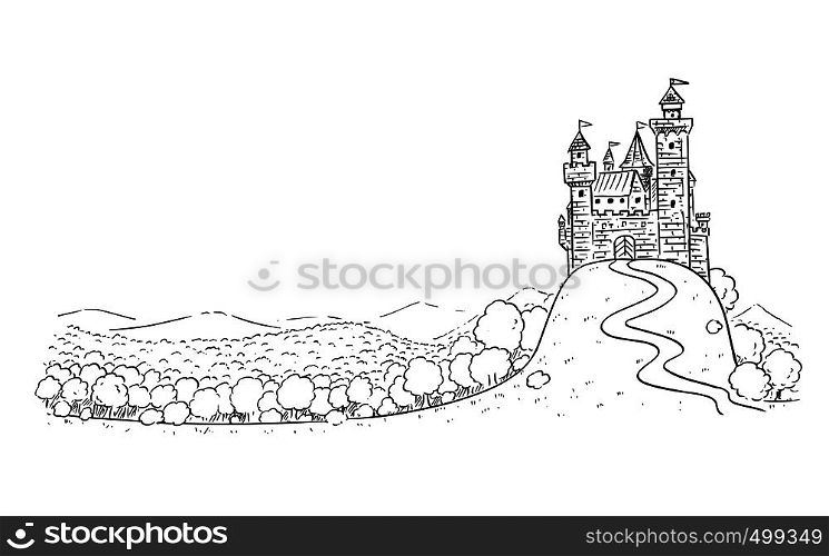 Cartoon Illustration or Drawing of fantasy landscape with medieval castle on hill surrounded by trees and forest with mountains on background.. Cartoon Drawing or Illustration of Fantasy Landscape with Castle on Hill and Forest Around.