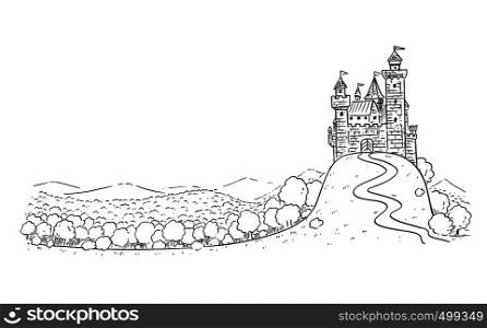 Cartoon Illustration or Drawing of fantasy landscape with medieval castle on hill surrounded by trees and forest with mountains on background.. Cartoon Drawing or Illustration of Fantasy Landscape with Castle on Hill and Forest Around.