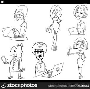 Cartoon Illustration Set of People with New Technology Electronic Devices