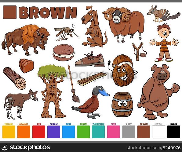 Cartoon illustration set with comic characters such as people and animals or objects in brown
