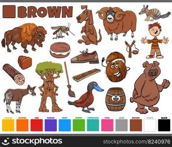 Cartoon illustration set with comic characters such as people and animals or objects in brown