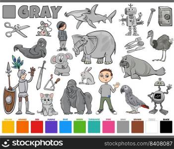 Cartoon illustration set with comic characters such as people and animals or objects in gray