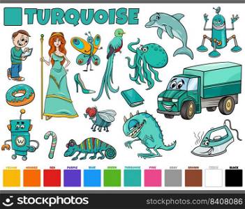 Cartoon illustration set with comic characters such as people and animals or objects in turquoise