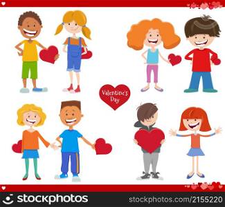 cartoon illustration set with girls and boys in love with Valentines Day cards