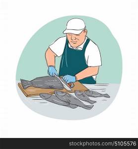 Cartoon illustration showing a Fishmonger Cutting Fish with knife viewed from front set inside oval shape.. Fishmonger Cutting Fish Cartoon