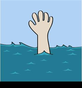 Cartoon illustration showing a hand desperately waiting for help as a person drowns