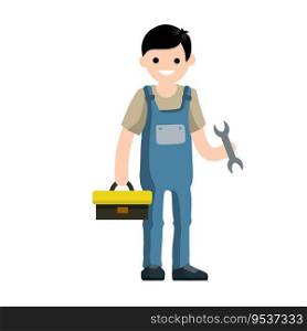 Cartoon illustration - technician man in uniform. young boy worker. Male mechanic with wrench and tool box. repair specialist guy with equipment. Technician man in uniform. young boy worker. Male mechanic with wrench and tool box. repair specialist guy with equipment