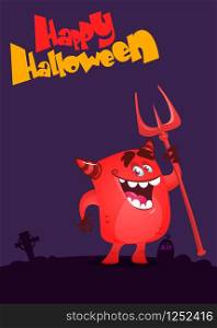 Cartoon illustration with devil holding pitchfork. Halloween design