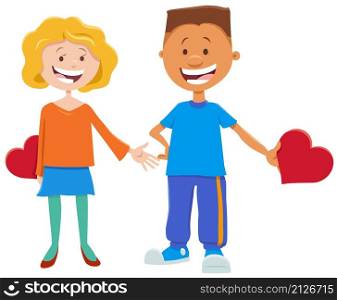 Cartoon illustration with girl and boy characters with Valentines Day cards