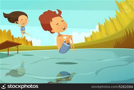 Cartoon Illustration With Kids Jumping Into Lake. Summer cartoon vector illustration in flat style with couple of kids jumping into lake from small trampoline