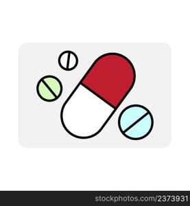 Cartoon illustration with pills. Icon for medical design. Medical treatment. Vector illustration. stock image. EPS 10. . Cartoon illustration with pills. Icon for medical design. Medical treatment. Vector illustration. stock image.