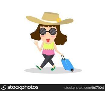 cartoon illustration woman traveler with suitcase is ready for vacation isolated on white background