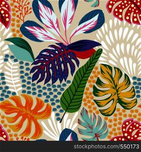 Cartoon illustrations. Abstract color tropical leaves flowers seamless sand background. Trendy pattern vector composition