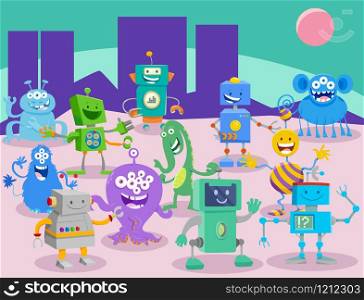 Cartoon Illustrations of Aliens and Robots Comic Fantasy Characters Group