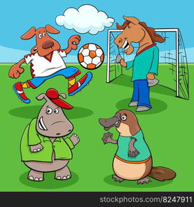 Cartoon illustrations of animal football or soccer player characters playing a match