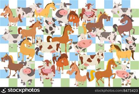 cartoon illustrations of cows and horses farm animal characters set or paper pack or fabric design