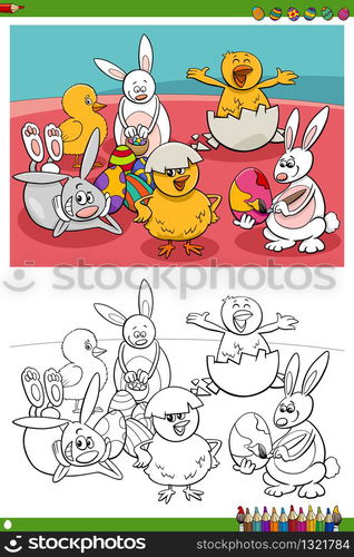 Cartoon Illustrations of Easter Bunnies and Chicks Holiday Characters with Easter Eggs Coloring Book Page