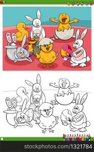 Cartoon Illustrations of Easter Bunnies and Chicks Holiday Characters with Easter Eggs Coloring Book Page