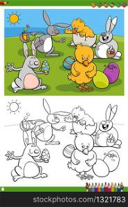 Cartoon Illustrations of Easter Bunnies and Chicks Holiday Characters with Eggs Coloring Book Page