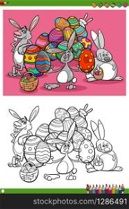 Cartoon Illustrations of Easter Bunnies Holiday Characters with Eggs Coloring Book Page