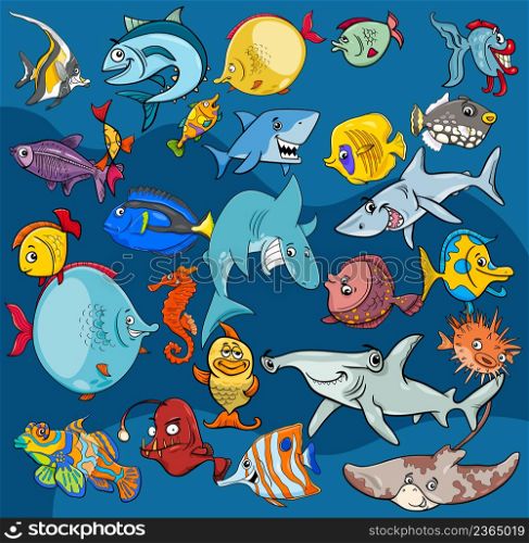 Cartoon illustrations of fish sea life animal characters background