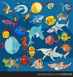 Cartoon illustrations of fish sea life animal characters background