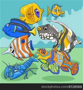 Cartoon illustrations of fish sea life animal characters group